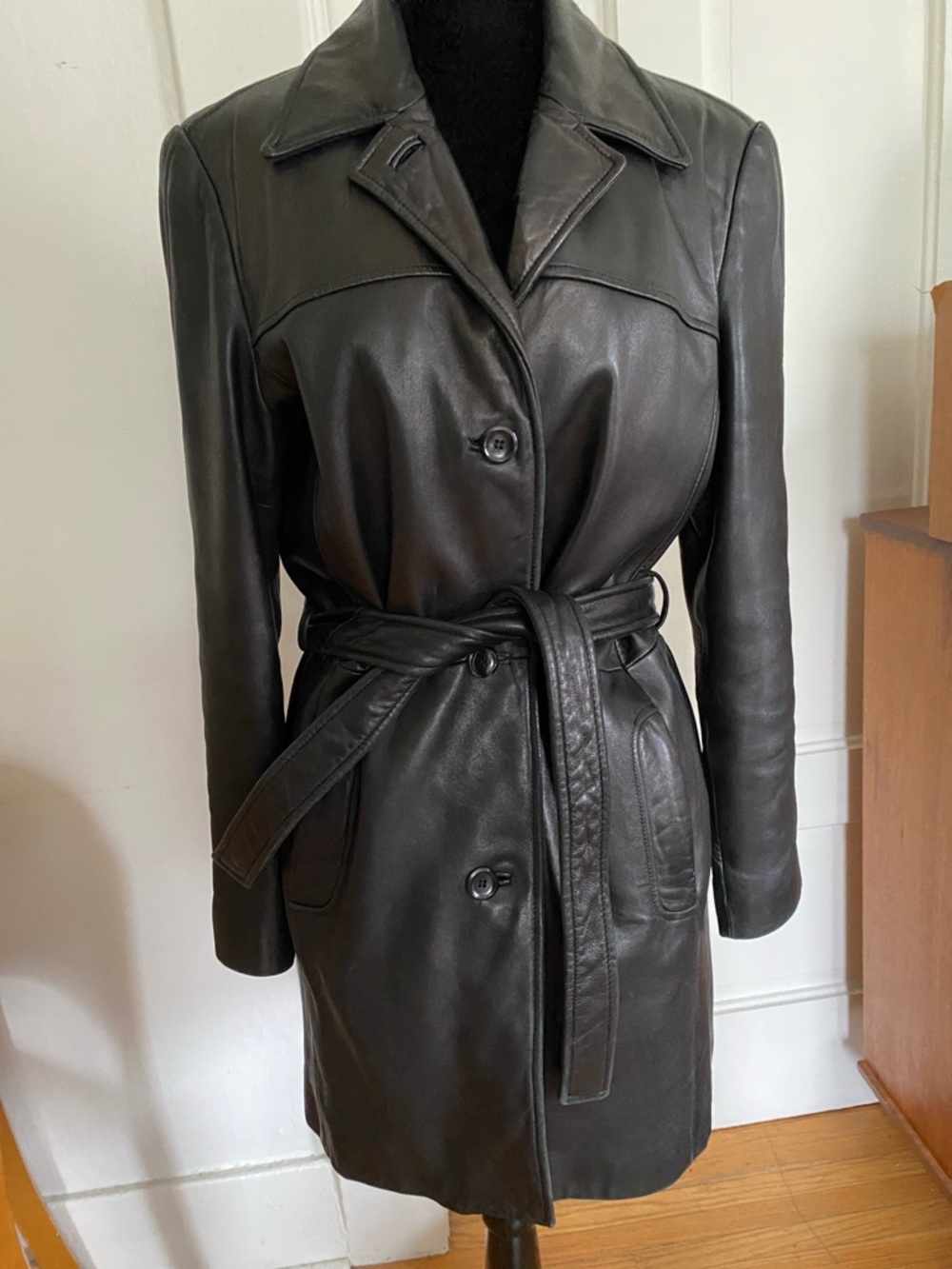 Danier Black Tie Belt Winter Leather Jacket with Quilted Removable Vest Lining.
